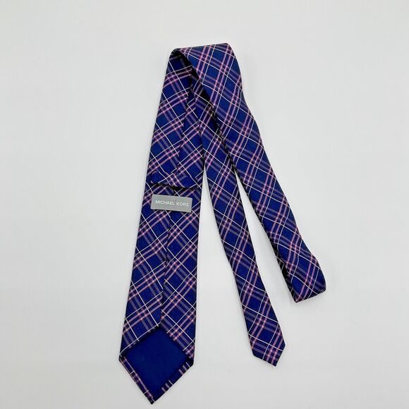 Michael Kors Plaid Necktie Tie‎ Navy Blue Pink Silk Blend - Picture 3 of 6